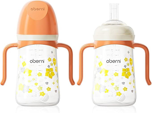 Toddler Sippy Cup 10oz, Weighted Straw Baby Drinking Water Bottle with Valved Spout for 6+ Months, 300ml/Orange/2Pack