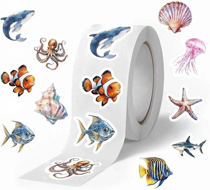 1000PCS Ocean Animal Stickers Roll for Kids, 2 Rolls, 10 Styles Cartoon Sea Creature Stickers, Whales, Octopus, Sharks, Jellyfish, Clownfish, Shells & Fish Decals for Classroom Rewards