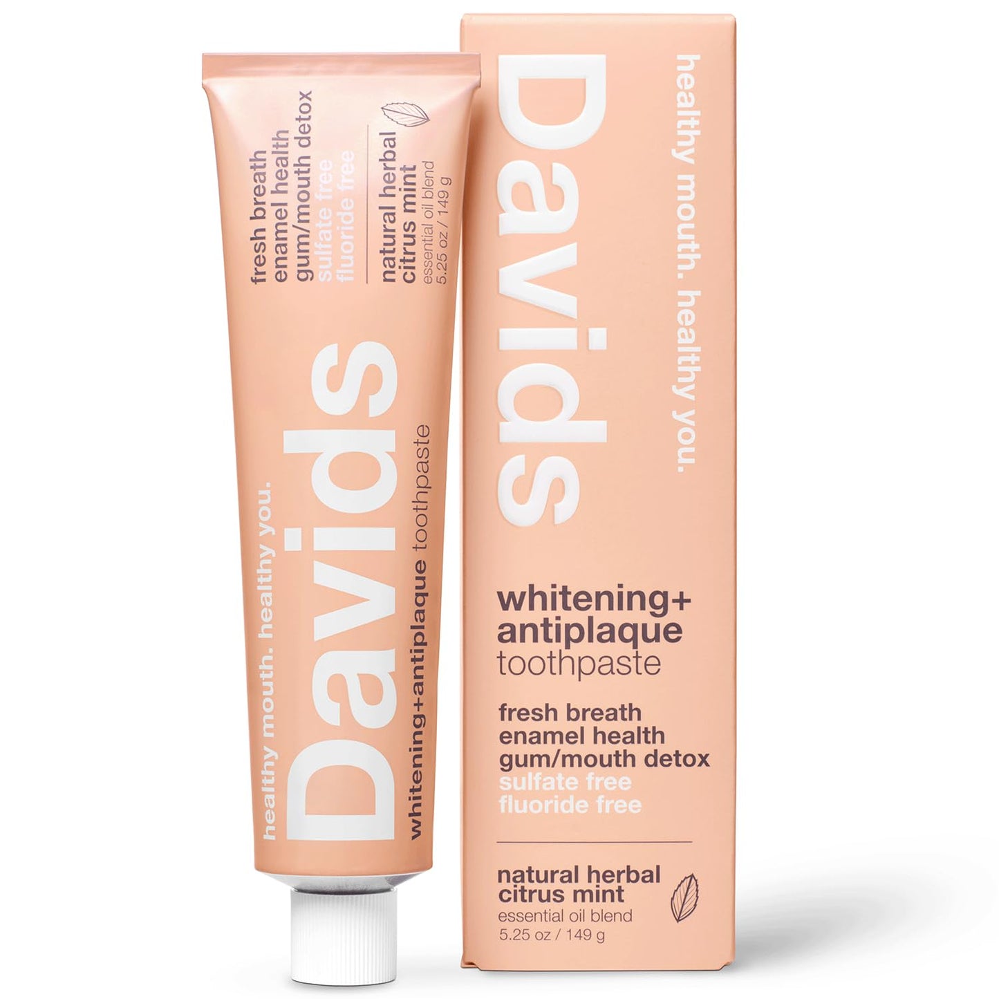 Davids Fluoride Free Toothpaste, Teeth Whitening, Antiplaque, SLS (Sulfate) Free, Promotes Enamel Health, Mouth & Gum Detox, EWG Verified, Natural Herbal Citrus Mint, 5.25oz