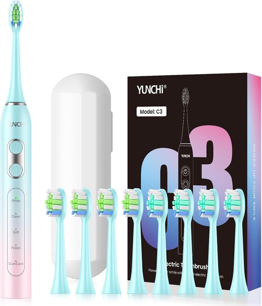 YUNCHI Sonic Electric Toothbrush for Adults & Teen, Rechargeable Battery Electric Toothbrush, 8 Brush Heads, 5 Modes, 44000 VPM Motor, 2 Min Smart Timer, IPX7 Waterproof, Travel Case, 90 Days-Gradient