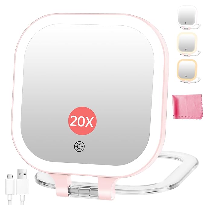 FASCINATE 20X Magnification Compact Travel Makeup Mirror with Lights and Magnification, 3.5 inch Portable 1X/20X Magnifying Mirror with 3 Color Light, Folding, Handheld (Pink)
