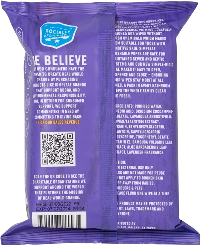 Simpleaf Flushable Wet Wipes Lavender| Eco-Friendly, Paraben & Alcohol Free | Hypoallergenic & Safe for Sensitive Skin | Soothing Aloe Formula | (6 x 25 Counts Convenient Pack) 150 Counts Total