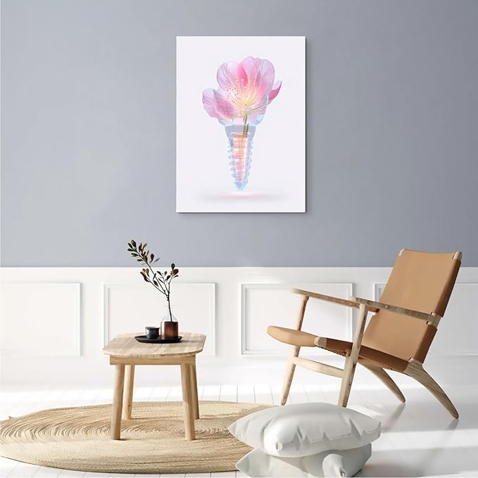 SchindlerBang Teeth Anatomy Wall Decor,Floral Implant Holographic Art,Dental Clinic Illustration,Contemporary Office Display,16x24inch Framed Print Ready to Hang