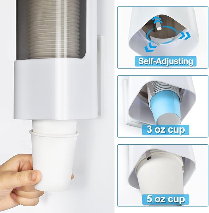 LBTING Water Cooler Cup Dispenser, Pull Type Cup Holder Fit 3oz - 5oz Small Bathroom Disposable Cups, Adhesive Wall Mounted Cup Dispenser - White
