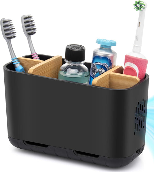 Black Toothbrush Holder, Bamboo Toothbrush and Toothpaste Holder with Drainage, Electric Kids Matte Black Toothbrush Holders Set Organizer for Bathrooms Countertop Accessories Storage