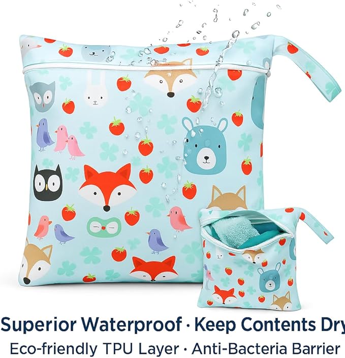 Waterproof Wet Dry Bag, Reusable Diaper Pouch with Zipper, Machine Washable Travel Organizer for Beach, Daycare, Kids, Dinosaur Pattern (Red Fox)
