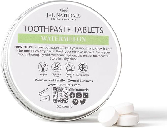J&L Naturals Toothpaste Tablets | 62-Pack Travel-Friendly Toothpaste | Fluoride + Plastic Free, Vegan, Cruelty Free, Sustainable | Woman-Owned Small Business (Watermelon, 62 Count (Pack of 1))