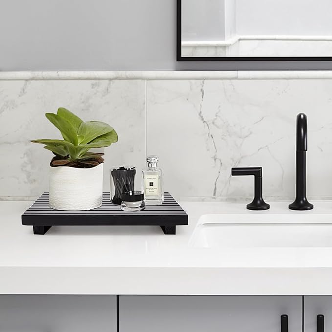 Renawe Black Bathroom Counter Tray Organizer Wood Riser Stand Kitchen Countertop Trays Wooden Pedesta Display Dish Soap Dispenser Holder for Bathroom Decor Sink Accessories Vanity Tray