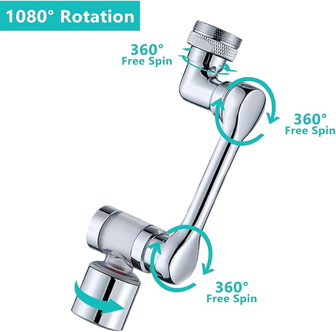 1080°Swivel Faucet Extender with Filter, Sink Water Faucet Aerator Extension in Brass, Swivel Robotic Arm Bathroom Faucet Extender, Kitchen Rotating Extension with 2 Mode Splash