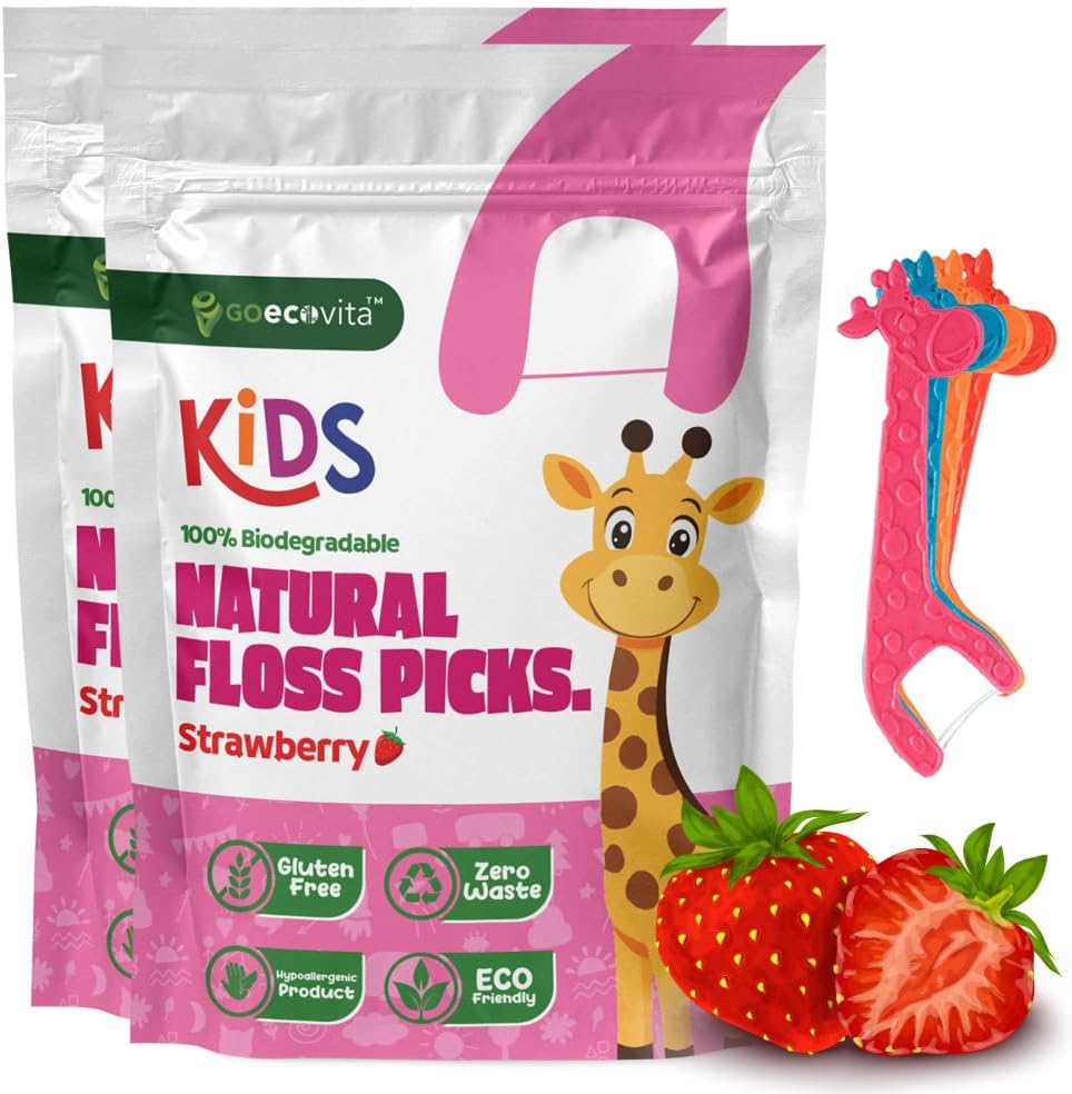 Biodegradable Kids Flossers - Dental Floss Picks for Children | Fluoride & Plastic-Free | Colorful & Fun Animal Floss Sticks | Eco Friendly, Vegan, Natural (Strawberry - 100 Pack)