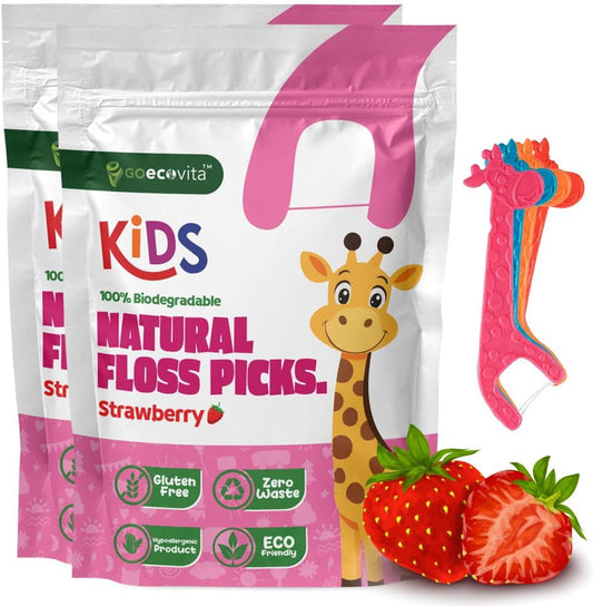 Biodegradable Kids Flossers - Dental Floss Picks for Children | Fluoride & Plastic-Free | Colorful & Fun Animal Floss Sticks | Eco Friendly, Vegan, Natural (Strawberry - 100 Pack)
