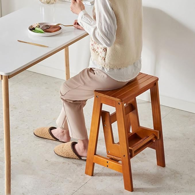 Flip N' Step Wooden Step Stool - Solid Pine, Non-Slip & Foldable | Kids Safety Stool for Kitchen, Bathroom | Display Shelf for Home Decor(Brown 3 Layers)