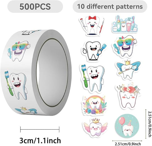 500PCS Teeth Stickers for Kids 10 Styles Sticker Rolls Cartoon Teeth Fairy Stickers Tooth Party Favors Waterproof Vinyl Stickers(500 Per Roll)