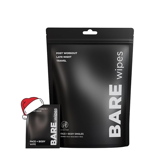 20 Pack - Portable Face and Body Wipes - Post Workout, Travel, Late Night, Pre Meeting - Powered By Tea Tree, Chamomile, Vitamin E, Aloe