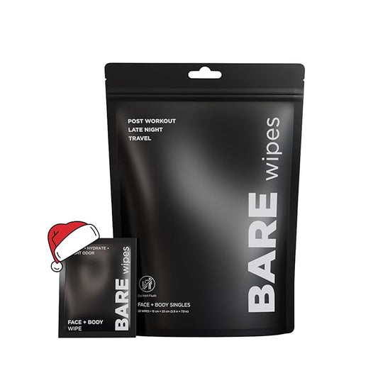 20 Pack - Portable Face and Body Wipes - Post Workout, Travel, Late Night, Pre Meeting - Powered By Tea Tree, Chamomile, Vitamin E, Aloe