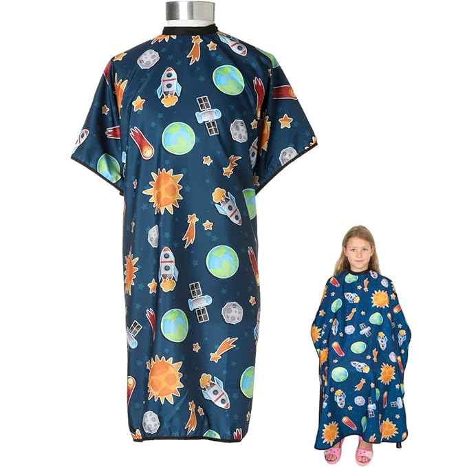 Kids Hair Cutting Cape - Outer Space Print, Water-Resistant Salon Cape with Snap Closure - Lightweight Barber Cape for Children’s Haircuts - Fun Kids Hairdresser Cape for Salon or Home Use