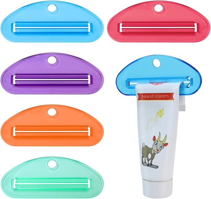 5Pcs Plastic Tooth Paste Tube Squeezer Dispenser, Hanging Roller Tube Squeezer Holder for Saving Toothpaste Creams, Facial Cleanser and Paint, Kid-Friendly Bathroom Accessory (Transparent)