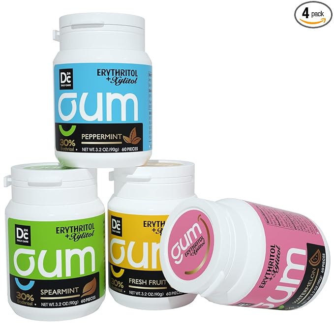 DC24 DAILY CARE Xylitol Chewing Gum with Erythritol, Aspartame Free & Sugar Free Gum for Dry Mouth, Low-Calorie, Sugarless, Assorted Flavors Variety Bulk Pack 60-Piece Pack, 4 Packs