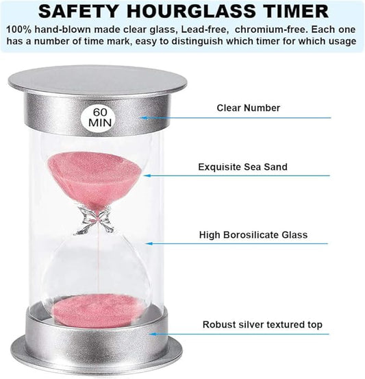 Hourglass Sand Timer 60 Minutes: Plastic Sand Clock 60 Minutes, Hour Glasses with Sand 60 Minutes, Silver Sandglass Timer 60 Minutes for Kids, Games, Classroom, Office Decoration (60 Min, Pink Sand)