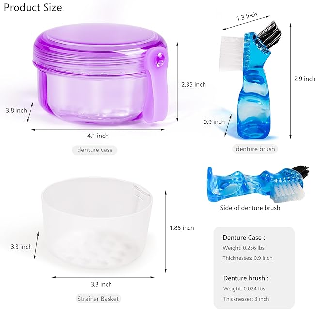 Leak Proof Purple Denture Cups for Soaking Dentures, Partial Denture Bath Case Travel Retainer Cleaning Container Case with Brush for Aligner, Denture, Mouth Guard
