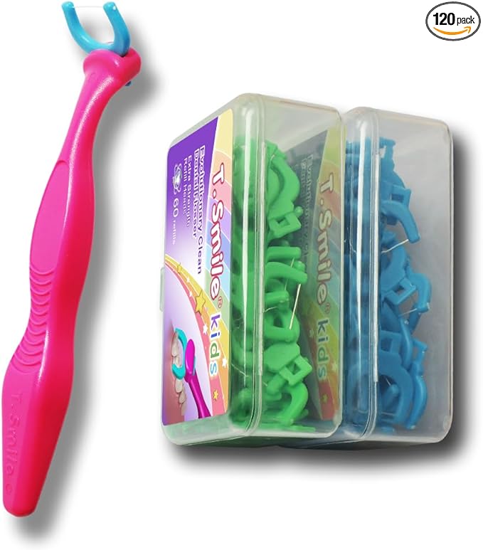 T.Smile Kids Evolutionary Clean Dental Flosser Kit, Child-Sized Handle & Refills, Fluoride Free, for Ages 3+, (Red Handle + 120 Biodegradable Refills)