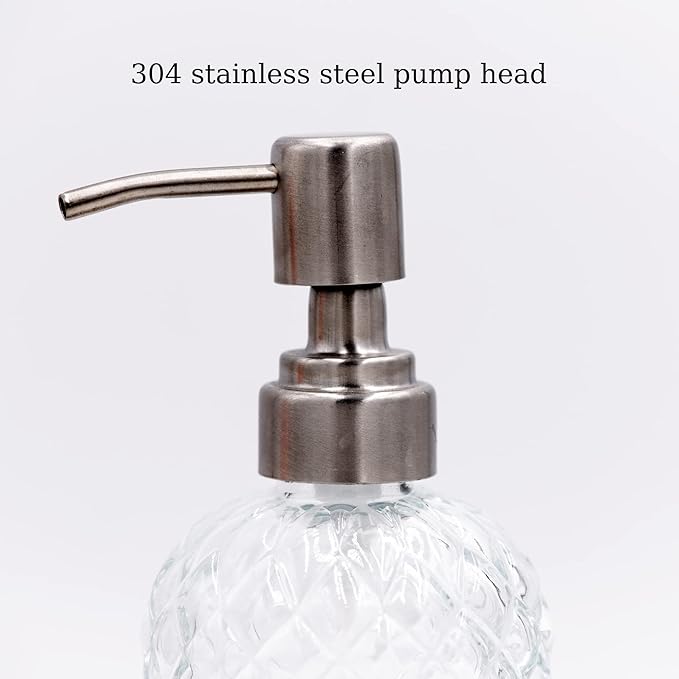 16 oz Diamond Pattern Glass Soap Dispenser, Kitchen and Bathroom Refillable Soap Dispenser with Rust Resistant Stainless Steel Pump for Hand Soap, Lotion Glass Liquid Dispenser (Clear)