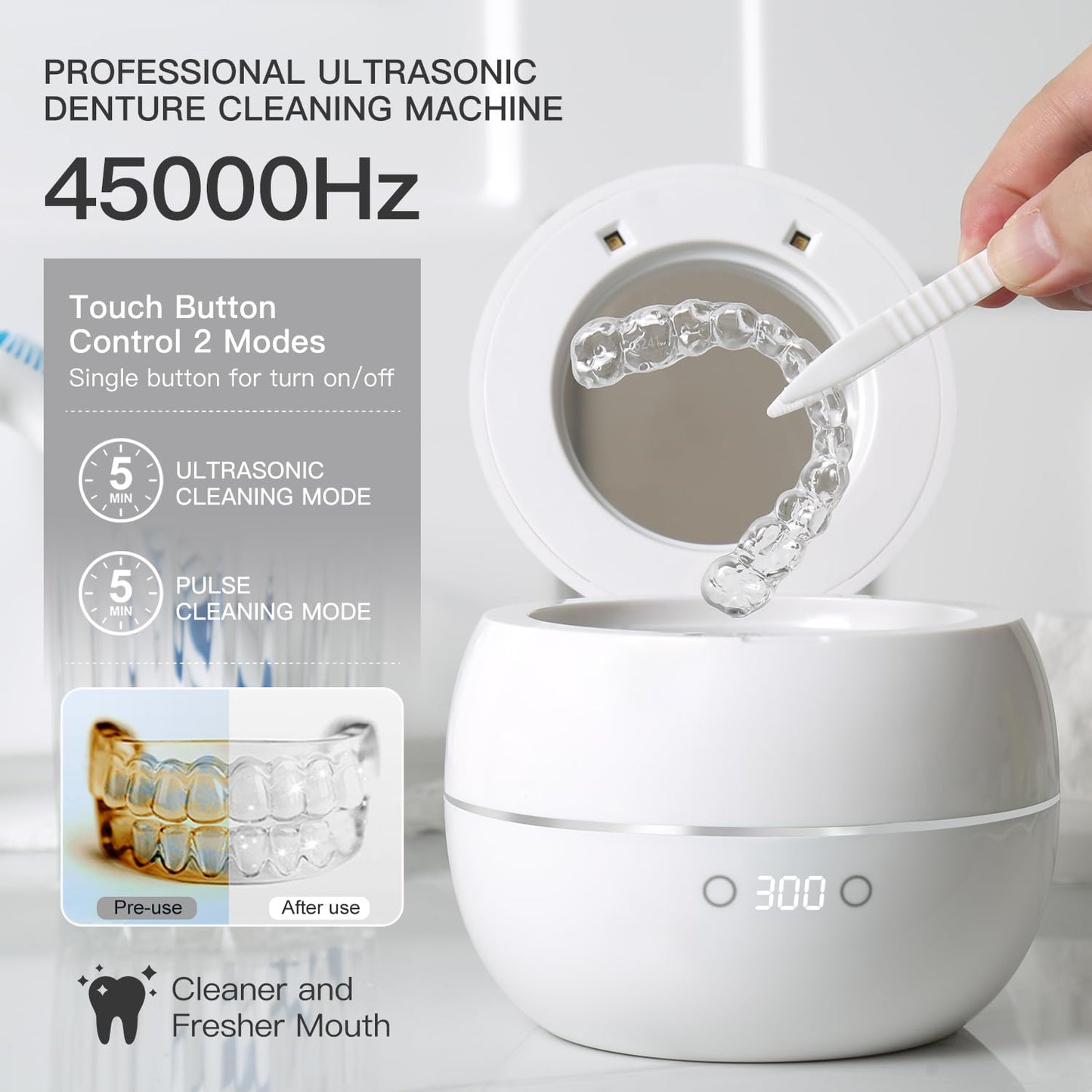 Dental Ultrasonic Retainer Cleaner Machine: 45kHz Dental Cleaning Pod for Denture, Aligner, Mouth Guard, Night Guard, Braces & Jewelry, UV Denture Cleaner with Digital Timer & Dual Mode 250ML White