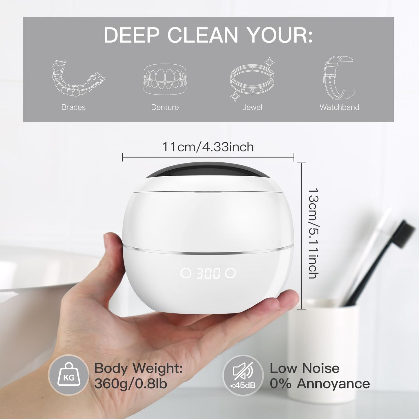 Dental Ultrasonic Retainer Cleaner Machine: 45kHz Dental Cleaning Pod for Denture, Aligner, Mouth Guard, Night Guard, Braces & Jewelry, UV Denture Cleaner with Digital Timer & Dual Mode 250ML White