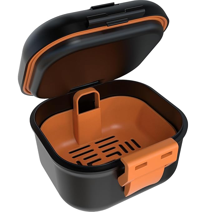 ARGOMAX Leak Proof Denture Bath Cup, Portable Soaking Denture Box, Denture Bath Case with Strainer, for Dentures and Braces, Upgraded Version with Storage Compartment (Black + Orange).