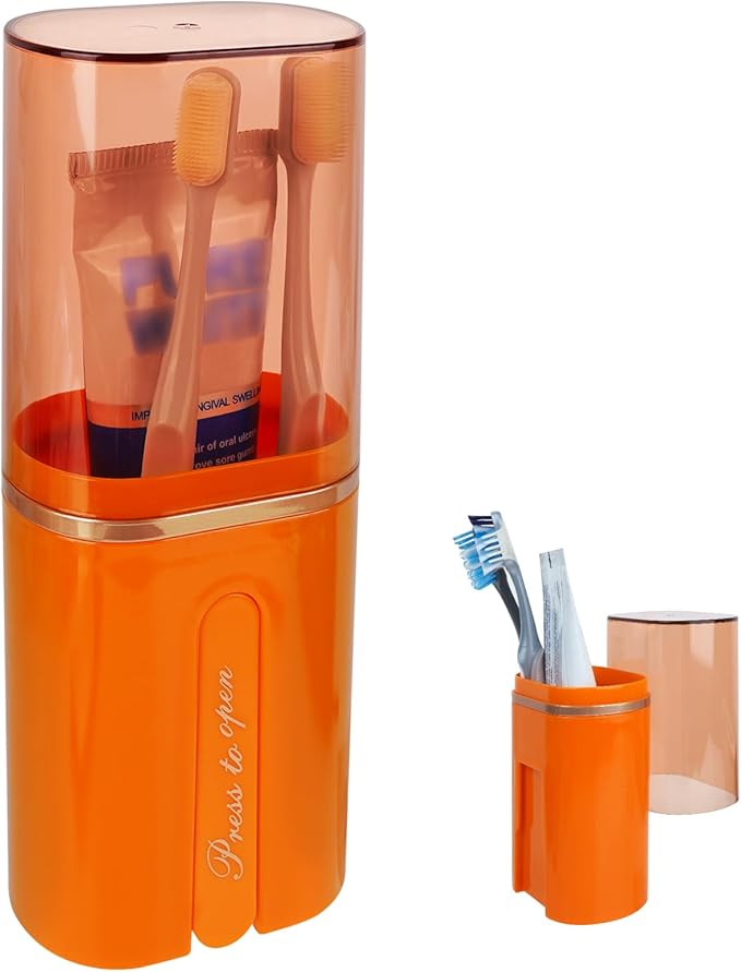 Toothbrush Travel Case, Portable Toothbrush Toothpaste Container with Mouthwash Cup, Wall Mounted Toobrushbrush Holder for Bathroom, Camping, Gym (Orange)