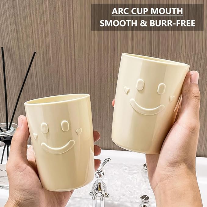 4Pcs Bathroom Tumbler Toothbrush Cups, Smiley Unbreakable Toothbrush Holders, Reusable Drinking Cups Plastic Mouthwash Cup Bathroom Brushing Cup 300ml (4 Colors), Beige, Blue, Gray, Brown