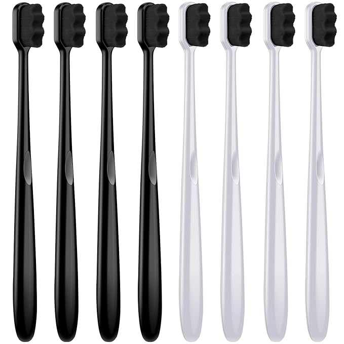 Patelai 8 Pcs Extra Soft Toothbrush Micro Nano with 20, 000 Ultra Soft Bamboo Charcoal Bristles for Adult, Sensitive Gum, Brace and Gum Recession(Black, White Handle with Black Bristle)
