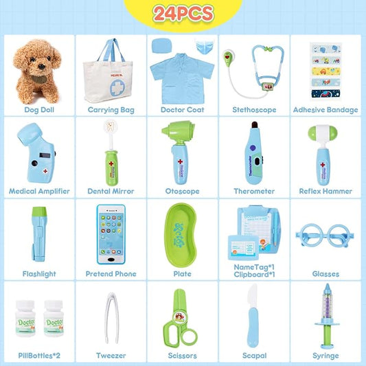 Meland Toy Doctor Kit for Kids - Pretend Play Doctor Set with Dog Toy, Carrying Bag, Stethoscope Toy & Dress Up Costume - Doctor Play Gift for Kids Toddlers Ages 3 4 5 6 Year Old for Role Play