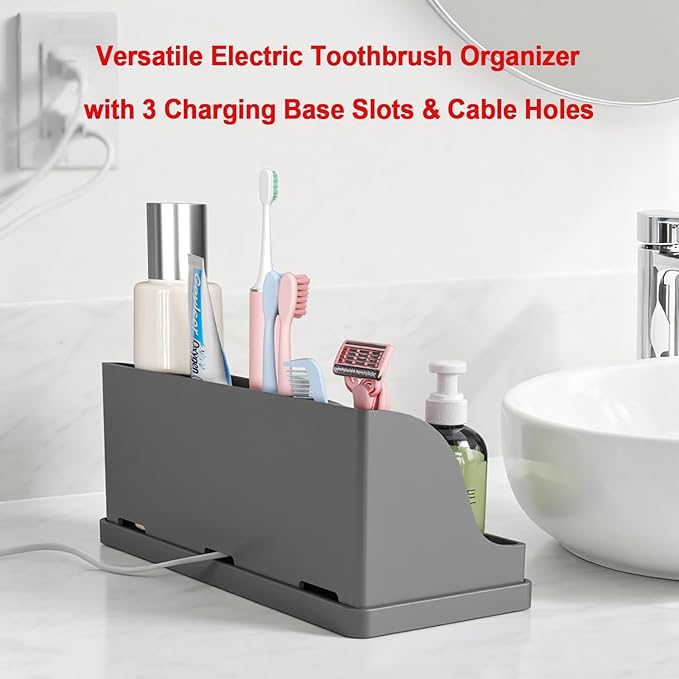 Large Silicone Bathroom Toothbrush Holder with Drainage, Electric Family Size Toothbrush Holder 7 Slots Countertop Toothpaste Holder Stand Organizer for Kids and Adult, Grey