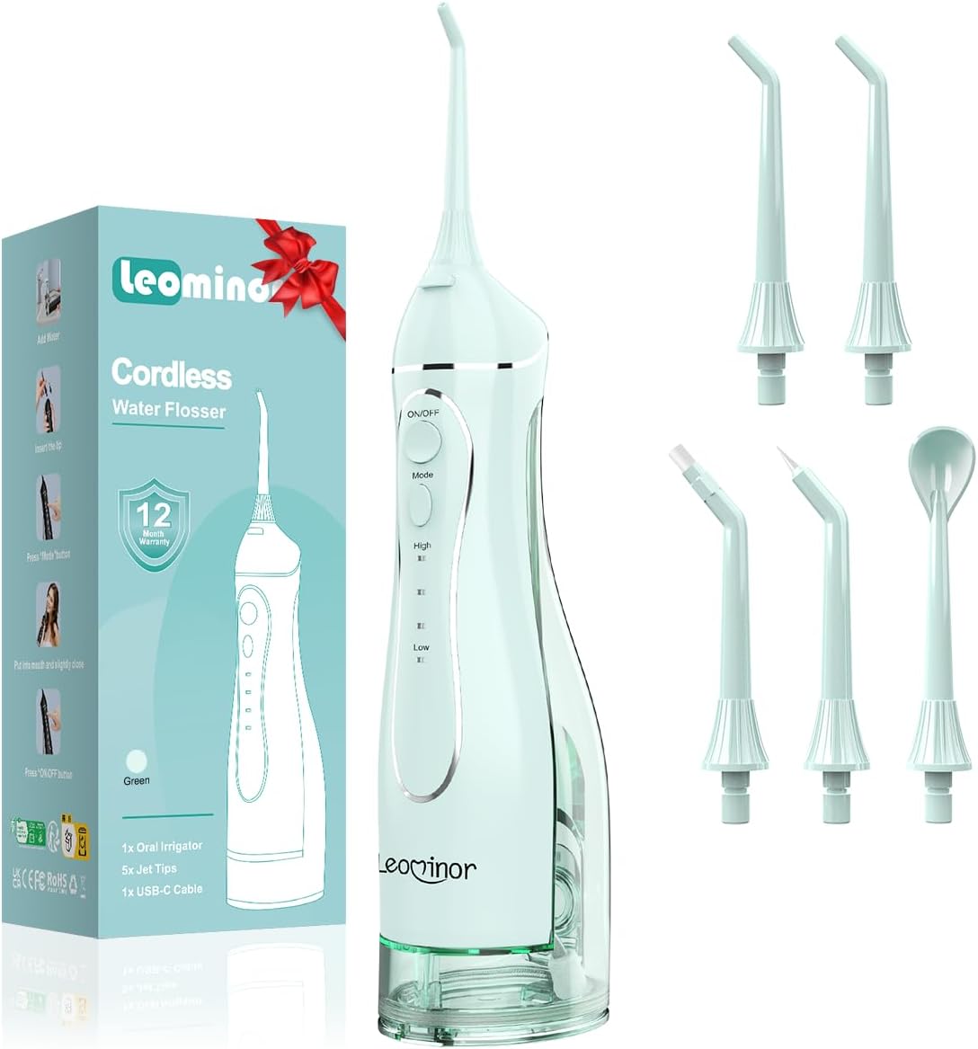 Leominor Water Dental Flosser Pick for Teeth, 300ML Portable Oral Irrigator Upgraded Tank Removable,IPX7 Waterproof, Rechargeable Travel Teeth Cleaner, Professional Electric Flossing (Green)