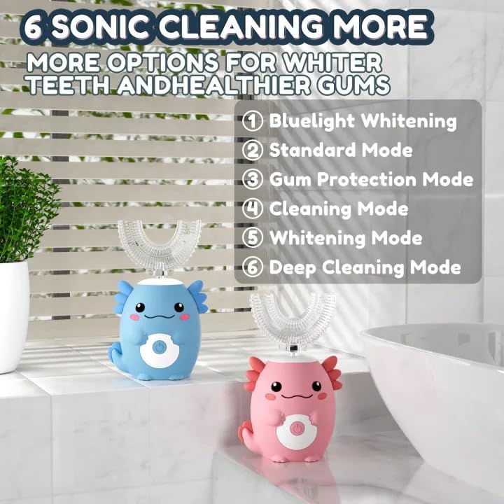 Kids Electric U Shaped Toothbrush - Axolotl Kids Sonic Toothbrush with 6 Brush Head Automatic Rechargeable 6 Cleaning Modes Full Mouth Cleaning-Pink