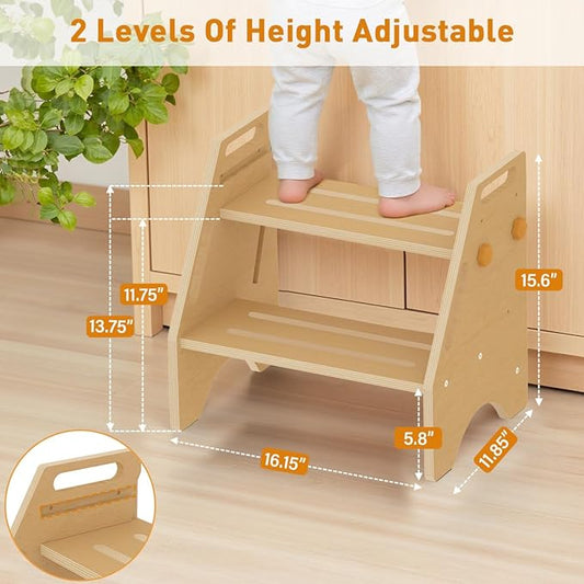 Toddler Step Stool, Wooden Height-Adjustable 2 Step Stool for Kids, 2 in 1 Potty Training Stool with Safety Handles Non-Slip Pads for Bathroom Sink, Kitchen, Bedroom (Natural)