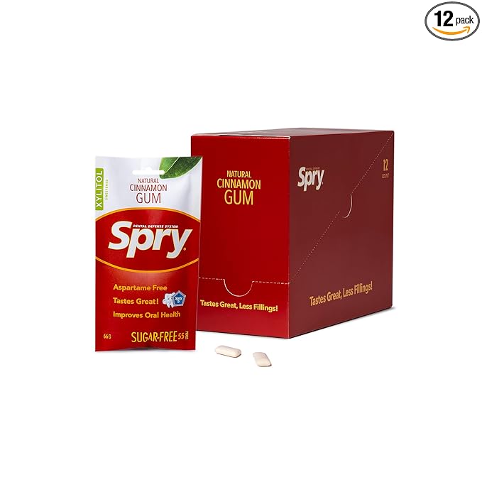 Spry On The Go Fresh Natural Xylitol Chewing Gum Dental Defense System - Aspartame-Free, Sugar-Free, Non-GMO (Cinnamon, 55 Count - Pack of 12)