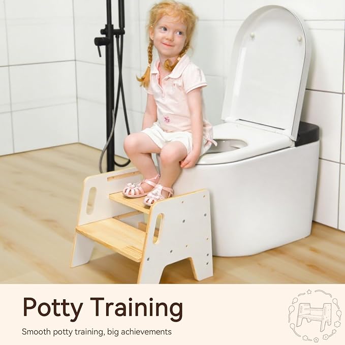 Wingyz Toddler Step Stool with Handles, Wooden Step stools for Kids, Durable 3-Level Height Adjustable Stepstool for Bathroom Sink, Kitchen, Bedroom,Potty Training