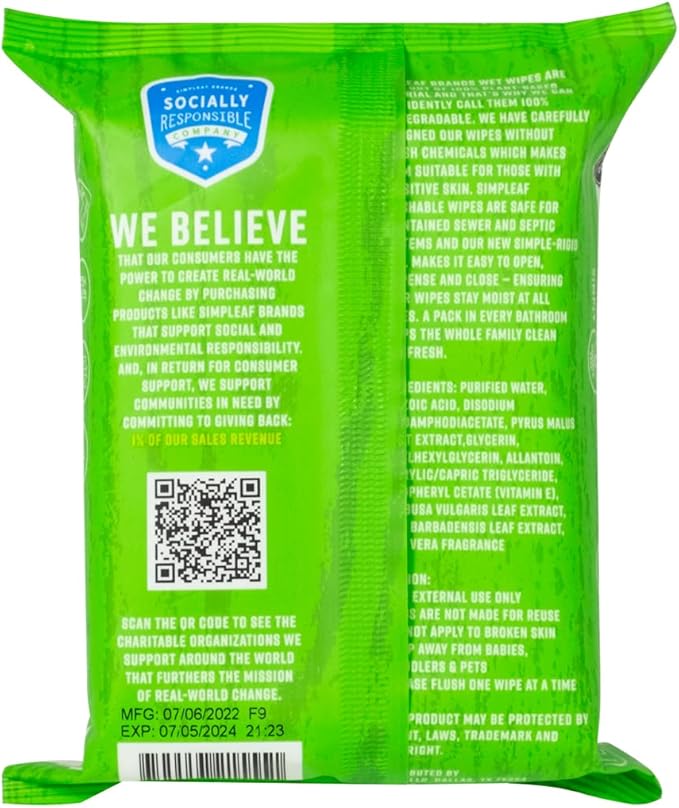 Simpleaf Flushable Wet Wipes Aloe Vera| Eco-Friendly, Paraben & Alcohol Free | Hypoallergenic & Safe for Sensitive Skin | Soothing Aloe Formula | (24 x 25 Counts Convenient Pack) 600 Counts Total