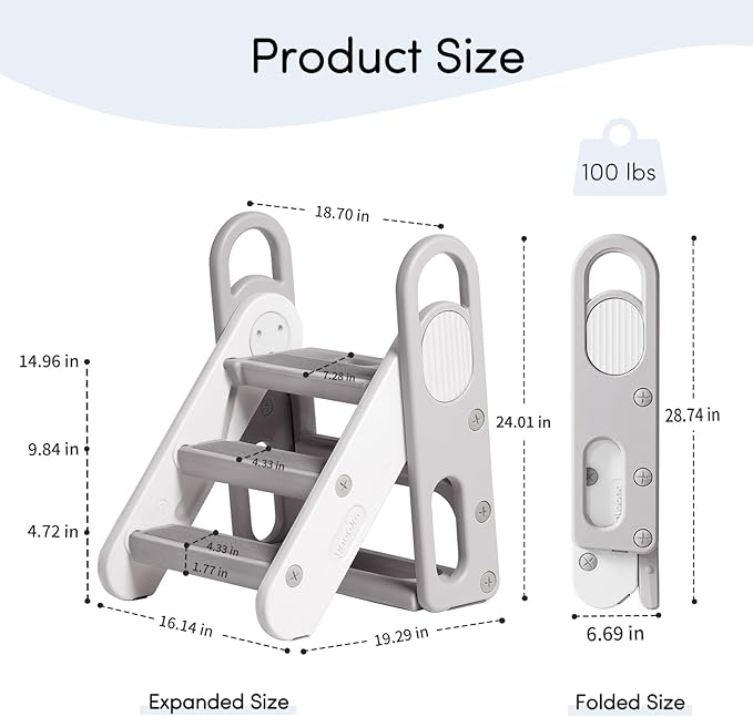 Mloong Kids Step Stool Foldable for Bathroom Sink, Easy Folding Non-Slip Bathroom Stool Toilet Potty Training, Adjustable Toddler Ladder Kitchen Counter Helper