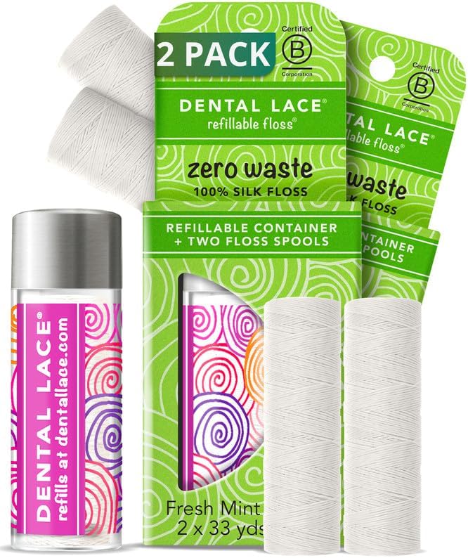 Dental Lace Refillable Silk Dental Floss – 100% Silk Floss with Mint Flavor, PFAS & PTFE Free – 1 Refillable Pink Glass Floss Container and 2 Spools (66 Yards) - Recyclable Packaging (Pack of 2)