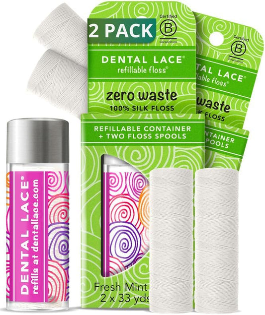 Dental Lace Refillable Silk Dental Floss – 100% Silk Floss with Mint Flavor, PFAS & PTFE Free – 1 Refillable Pink Glass Floss Container and 2 Spools (66 Yards) - Recyclable Packaging (Pack of 2)