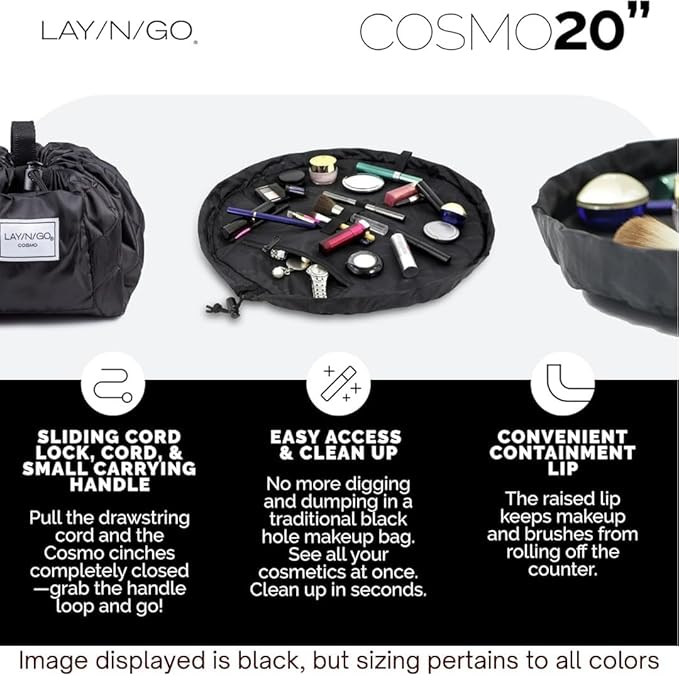 Lay-n-Go Cosmo Drawstring Cosmetic & Makeup Bag Organizer - Portable Drawstring Makeup Bag w/Zipper Pocket, Makeup Loops & More - Durable, Machine Washable Toiletry Bag (20", Comfort/Black Sherpa)
