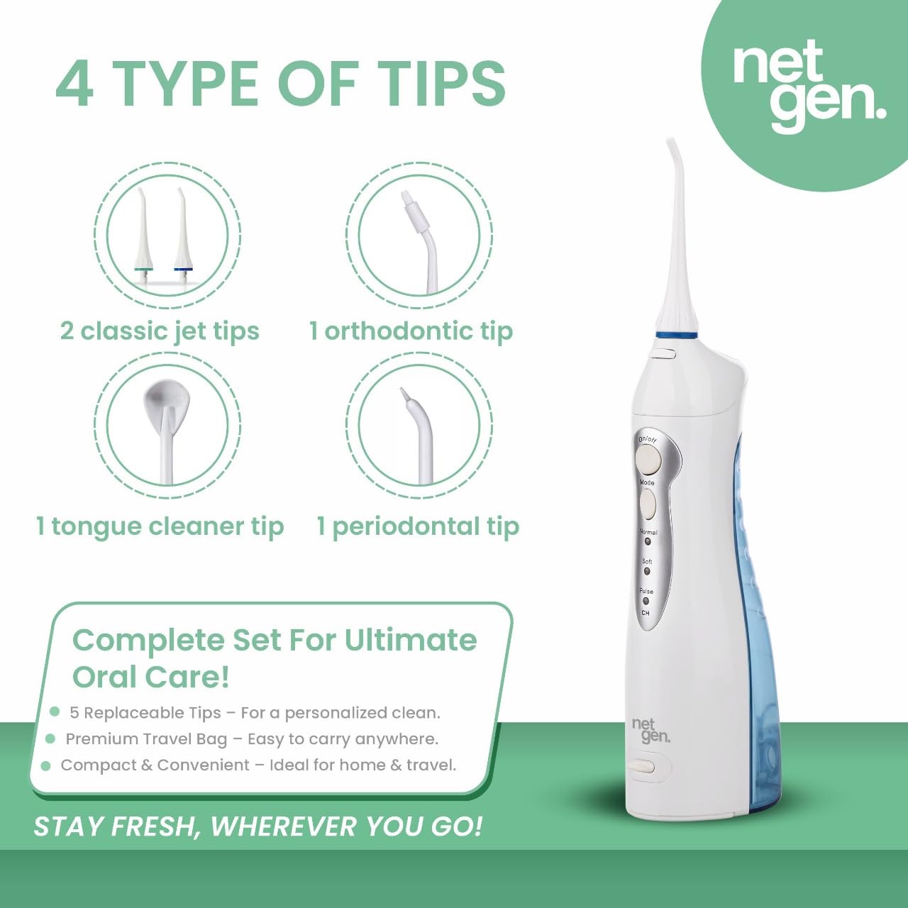 Cordless Water Flosser for Best Cleaning of Teeth Gums Professional Dental Oral Irrigator, IPX7 Waterproof Flosser with 3 Modes, Portable with Rechargeable Batteries,Jet Flosser for Home/Travel/Gift