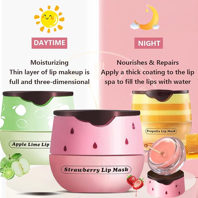 3 Pcs Honey Lip Balm, Strawberry Apple Lip Mask, Moisturizing Lip Sleeping Mask, Hydrate Repair Prevent Dry Cracked Lip (Strawberry + Honey + Apple Lip Balm)