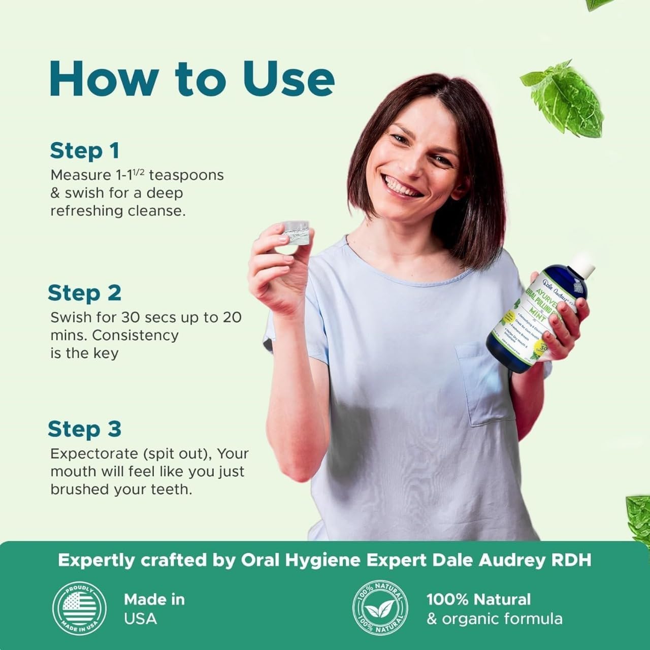 Dale Audrey Nano Hydroxyapatite Mint Oil Pulling for Teeth and Gums, Alcohol & Fluoride-Free Organic Pulling Oil, Mouthwash Oral Health Rinse for Fresh Breath & Gum Care 8 FL Oz