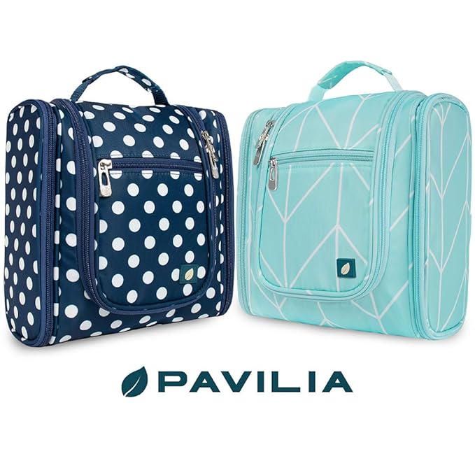 PAVILIA Toiletry Bag Travel Bag for Women Men, Hanging Cosmetic Organizer, Water Resistant Makeup Bag for Accessories Toiletries, Large Travel Essentials Kit (Teal Chevron)
