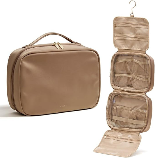 EACHY Travel Toiletry Bag with Hanging Hook, Portable Makeup Cosmetic Bags for Women, Water-Resistant Full-Size Travel Accessories (Pink)