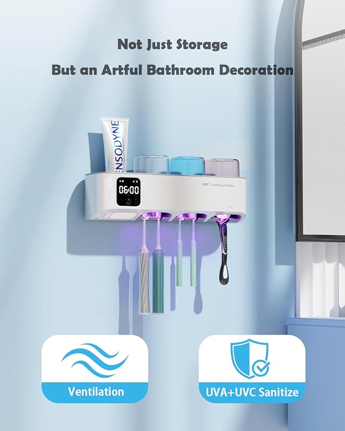 Toothbrush Holders Wall Mounted for Bathrooms, Toothbrush Holder - Smart Home & Bathroom Decor Tooth Brush Holders with 3 Cups, Features a Clock and auto Motion-Activated Night Light